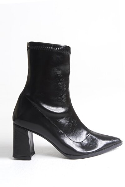 BB Boutiques Kadın Sivri Burunlu Fermuarlı Streç Kalın Topuklu Siyah Rugan St...