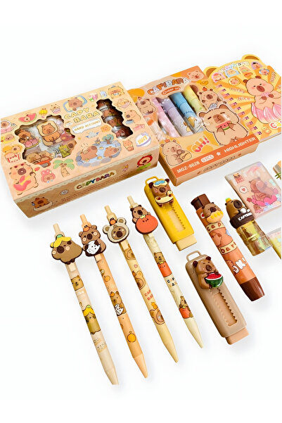 ÖZ OFİS Capybara Kapibara 20 Parça Kırtasiye Seti Sticker Kalemtraş Silgi Etiket Uçlu Kalem Postit