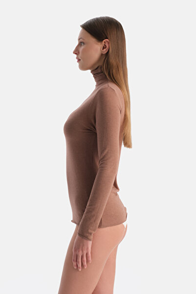 Dagi Mocha Modal Cashmere High Neck Long Sleeve Top