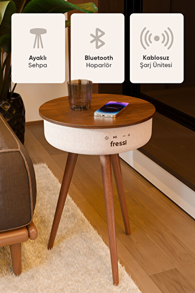 Fressi Bluetooth Hoparlör Hızlı Şarj Destekli Ahşap Ayaklı Kablolu Sehpa Speaker Fr-sh2502 Nature