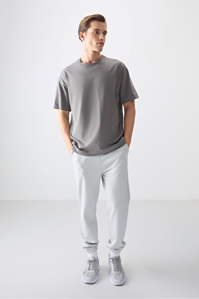 AIR JONES Koyu Gri %100 Pamuk Kalın Yumuşak Dokulu Oversize Fit Basic Erkek T-Shirt - 88353