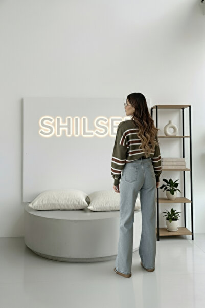 SHILSEE BEUTİQUE Women's Striped Polo Neck Knitwear Sweater Khaki