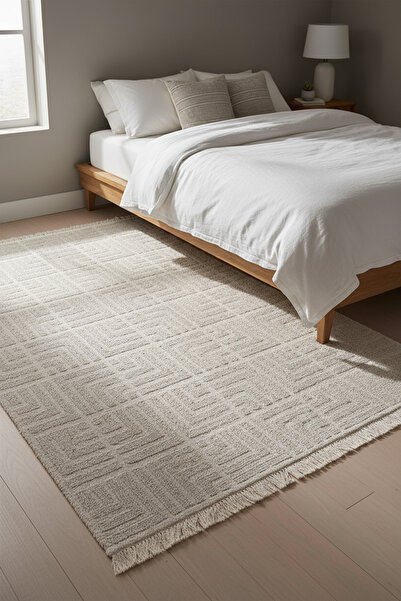 Cool Halı Mirage Bej Halı Bukle Dokuma Kaymaz Tabanlı Yıkanabilir Halı Geometrik Desenli Oturma Odası Halısı