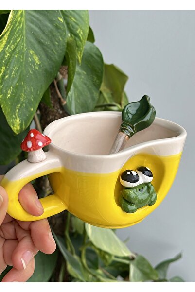 Kupa Handmade Yellow Ceramic with Frog Figure and Mushroom Detail (with Spoon Gift)