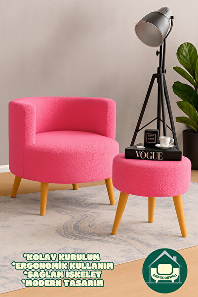 DEKOR MOBİLYACIM Berlin Çay Seti Pembe Rengi Berjer ve Puf Takımı (Salon, Ofis, Balkon) - 2'li Takım