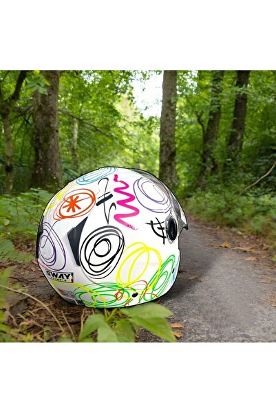 Sway 715 Ayna Vizörlü Yarım Motosiklet Scooter Kaskı S Beden White Flower (AYNALI VİZÖR)