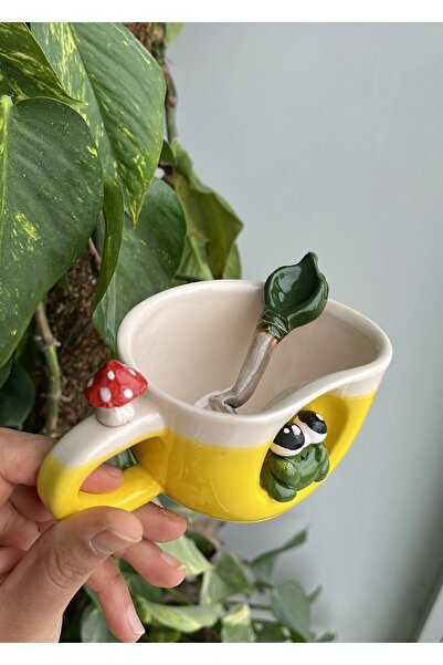 Kupa Handmade Yellow Ceramic with Frog Figure and Mushroom Detail (with Spoon Gift)