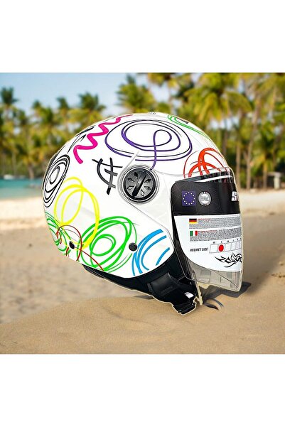 Sway 715 Ayna Vizörlü Yarım Motosiklet Scooter Kaskı S Beden White Flower (AYNALI VİZÖR)