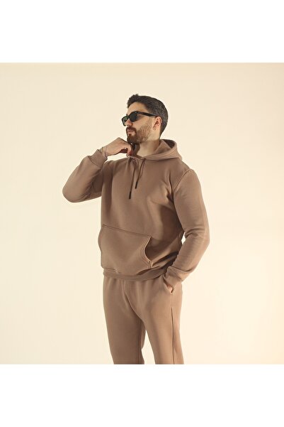 EydaMoon Ανδρικό σετ αθλητικών φορμών καφέ χειμερινό με επένδυση από φλις, ύφασμα Puff K με κουκούλα 3-σκέλη, τσέπες καγκουρό, ελαστικό στο πόδι