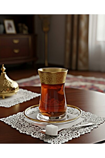 DECOSTYLE lale Paşabahçe gold cam Tabaklı 12 Parça  Çay seti