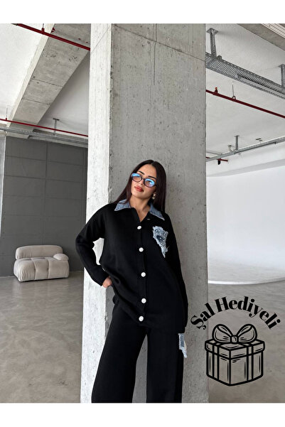 Mira İpek Knitwear Set Jeans Detailed Hijab Double Knitwear Set