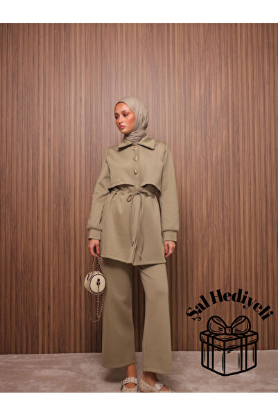 Mira İpek Scuba Fabric Tie-Waist Pants Hijab Two-Piece Set with Shawl Gift