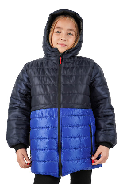 QAWWA Kız Çocuk Kapüşonlu Lacivert-Saks İçi Siyah Kürklü Kuş Elyaflı Hafif Su Ve Rüzgar Geçirmez Mont