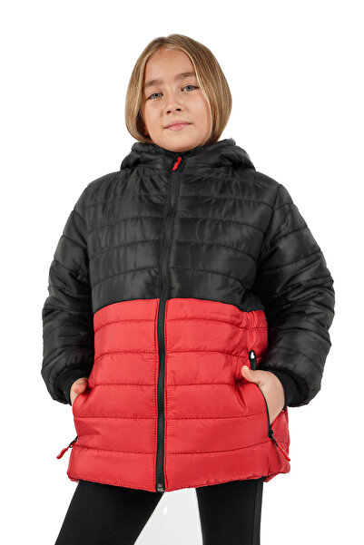 QAWWA Girl's Windproof Thick Lined Black-Red Hooded Jacket