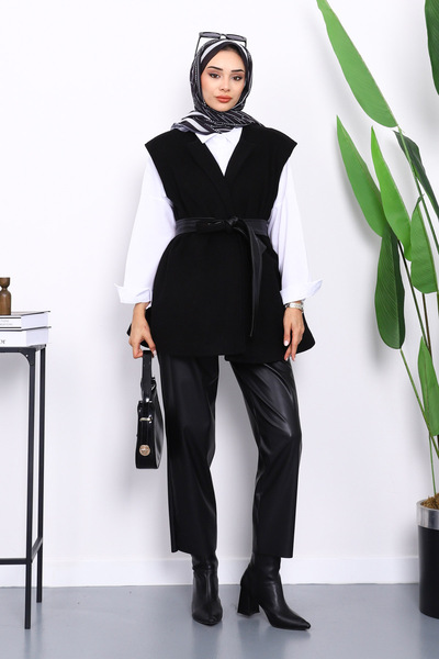 İmajButik Black Belted Double Pocket Cashmere Vest