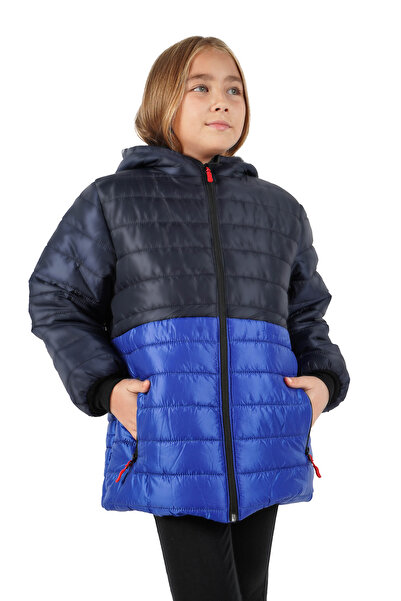 QAWWA Kız Çocuk Kapüşonlu Lacivert-Saks İçi Siyah Kürklü Kuş Elyaflı Hafif Su Ve Rüzgar Geçirmez Mont