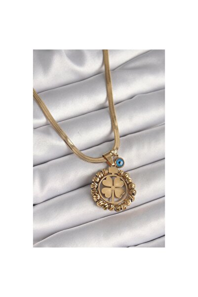 Epilons 316L Steel Gold Color Italian Chain Dorica Clover Model Evil Eye Bead Detail Women's Necklace - Lisinya