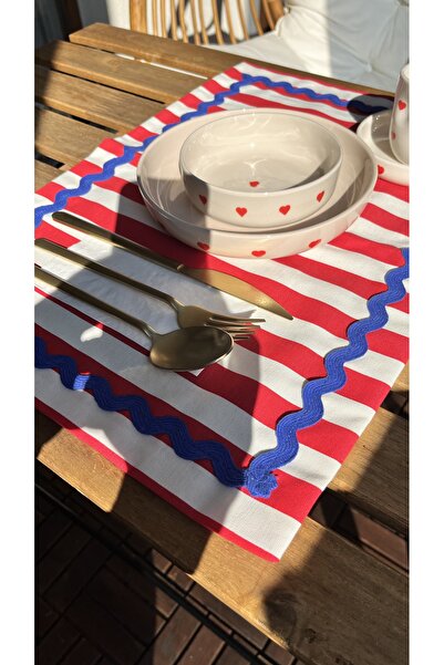 Yare Atelier Red and White Striped American Serving Set of 2, Saks Blue Zigzag Stripe Detailed Presentation Serving Set 35X50 cm