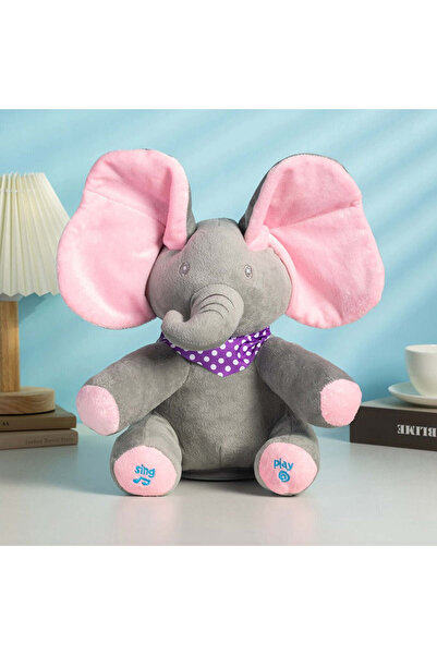 Ella Home Jucărie de pluș interactivă elefant Peek-A-Boo gri cu roz 30cm
