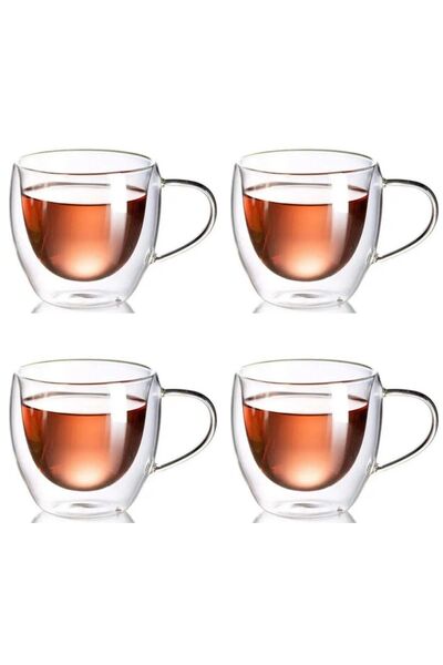Kitchen Design Lab Neskafe Çay Fincanı Çift Cidarlı Cam Kupa 250 ml Kulplu Ca...