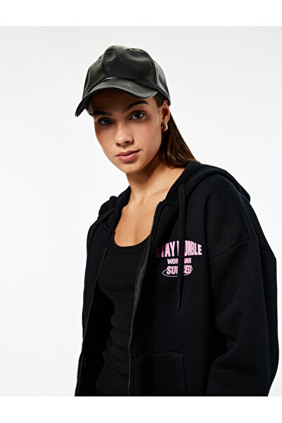 Koton Long Sleeve Zippered Hooded Oversized Sweatshirt with Printed Back