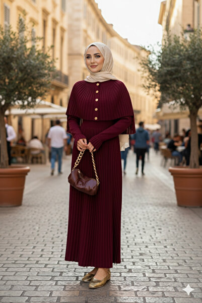 erk giyim Pelerin Detaylı Uzun Triko Elbise