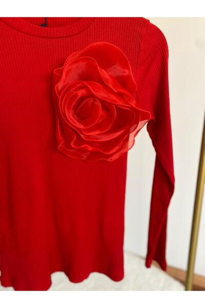 SONGÜLBERİK Kız Çocuk Kaşkorse  Güllü Detaylı Bluz( Kırmızı)