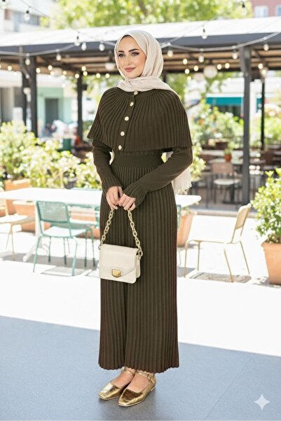 erk giyim Pelerin Detaylı Uzun Triko Elbise