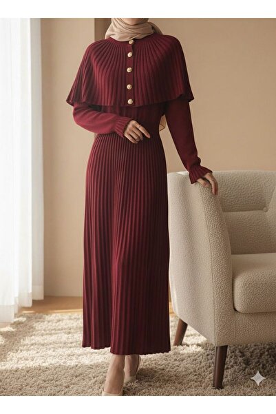 erk giyim Pelerin Detaylı Uzun Triko Elbise