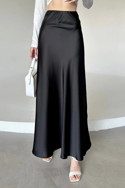 KaSheHa Siyah Saten Kumaş Beli Lastikli Uzun Çan Etek 91 Cm