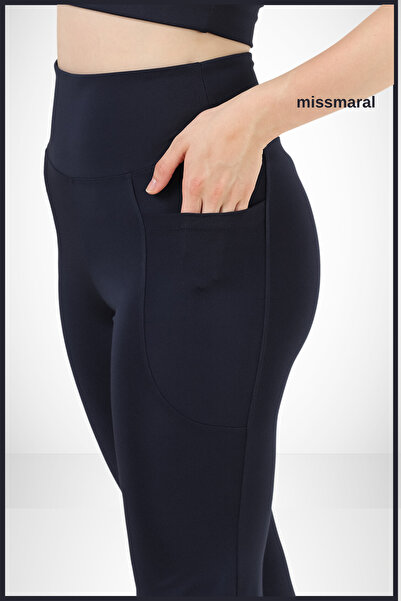 missmaral Kadın Ispanyol Paça Tayt Lacivert Çift Cepli Yüksek Bel Toparlayıcı Dark Blue Bootcut 105303