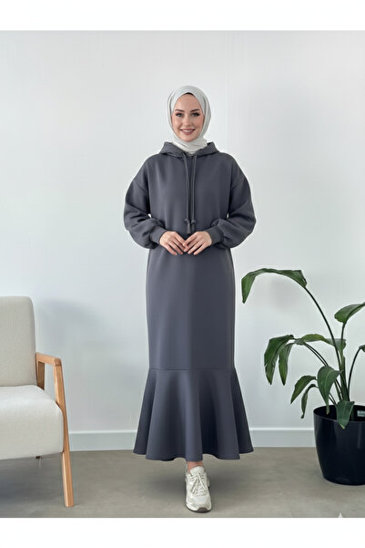 CHUL SCUBA VOLANLI SWEAT ELBİSE -FÜME - GENİŞ BEDEN ARALIĞI