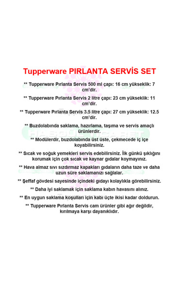 Tupperware PIRLANTA SERVİS SETİ 4'LÜ 500ml-2Lt-3.5Lt SAKLAMA KABI ŞEFFAF