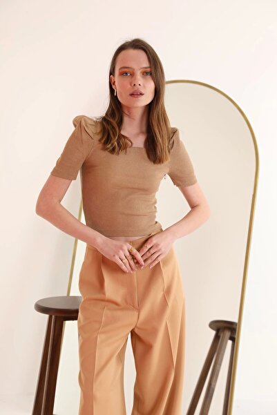 Genel Markalar Kaşkorse Kumaş Kare Yaka Karpuz Kol Kadın Bluz-Bej