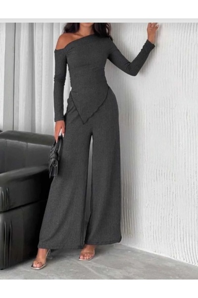 GenelTedarik Anthracite Women's Top and Bottom Off-The-Shoulder Pants - Blouse Set