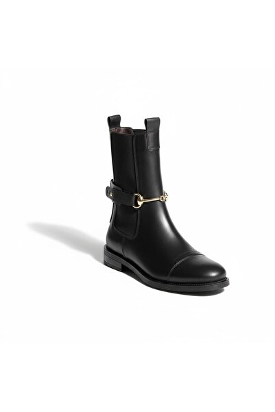 DeriNial Γυναικείες μπότες casual από γνήσιο δέρμα με ελαστική πλαϊνή ζώνη και αγκράφα με χρυσή αλυσίδα Lorve μαύρο