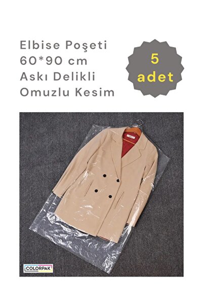 COLORPAK Elbise Poşeti (60*90 CM) Askı Delikli Omuzlu Kesim (5 ADET) Şeffaf Kıyafet Koruma Hurç Kılıf Naylon