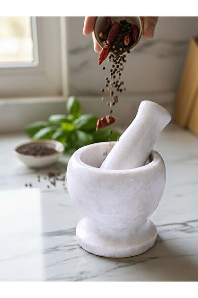 EMPIEM El Yapımı Beyaz Mermer Havan – Dayanıklı Doğal Taş Baharat ve Sarımsak Dövücü, Şık Mutfak Dekoru