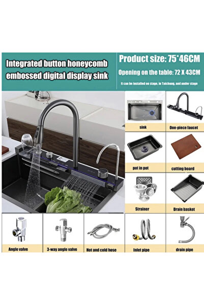Generic Luxury Stainless Steel Drop-In Kitchen Sink with Flying Rain Waterfall, Single Bowl, LED Display