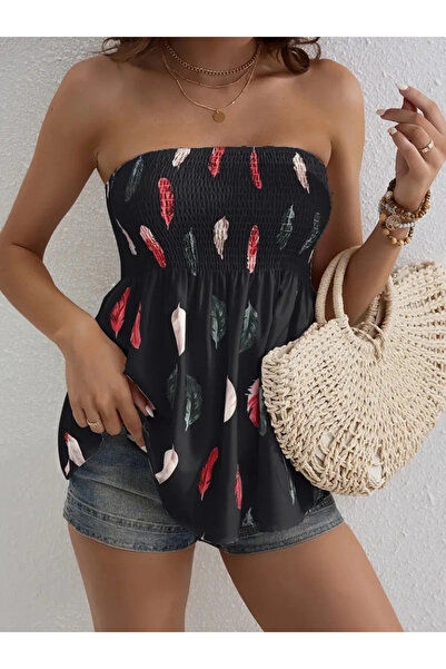 Melek Moda    Women's Leaf Patterned Mosskrept Strapless Blouse with Chest