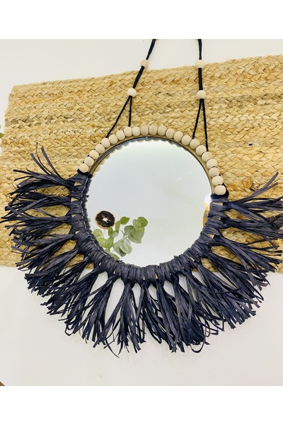 kattuna Bohemian Mirror Black Raffia Beaded Set of 2