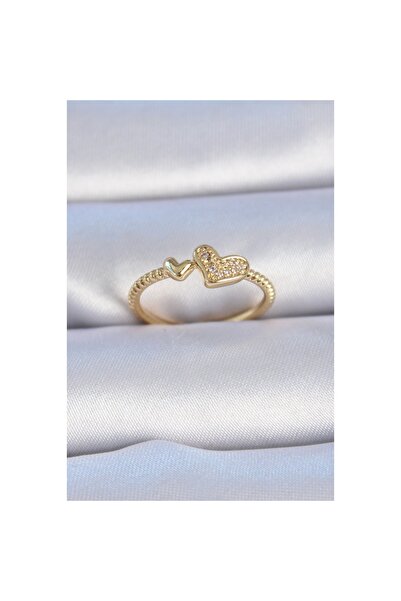 PAZAR DÜNYASI خاتم نسائي نحاسي ذهبي اللون بحجر الزركون على شكل قلب - ليسينيا