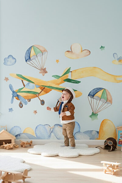 Kt Grup Renkli Yaşam Uçak Balonlar Yıldızlar Ve Bulutlar Pastel Renk Duvar St...