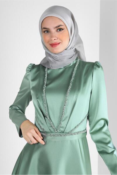 Alvina TAŞ İŞLEMELİ KEMERLİ SATEN ABİYE ELBİSE 50310