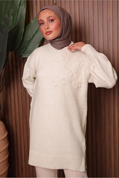 TRENDTESETTÜR Women's Ecru Stone-Detail Tricot Tunic t 1207