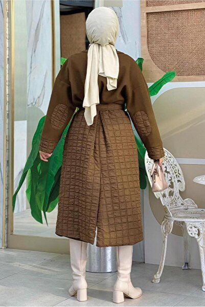 TRENDTESETTÜR Γυναικείο παλτό με καπιτονέ καφέ με ζώνη - T 3687