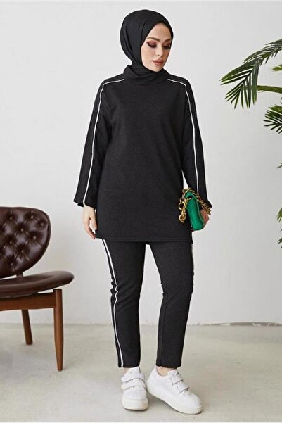 TRENDTESETTÜR KADIN GRİ (ANTRESIT) ŞERİT DETAYLI İKİLİ PANTOLONLU TAKIM T 1102-1