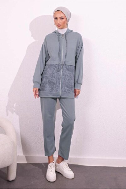 TRENDTESETTÜR Γκρι Σετ Γυναικείο Παντελόνι Διπλό Νήμα - T 8754