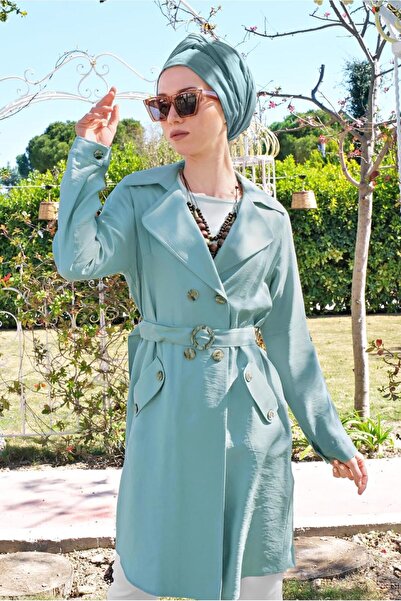 TRENDTESETTÜR Women's Blue (AQUA) Buttoned Pocket Trench Coat 4057