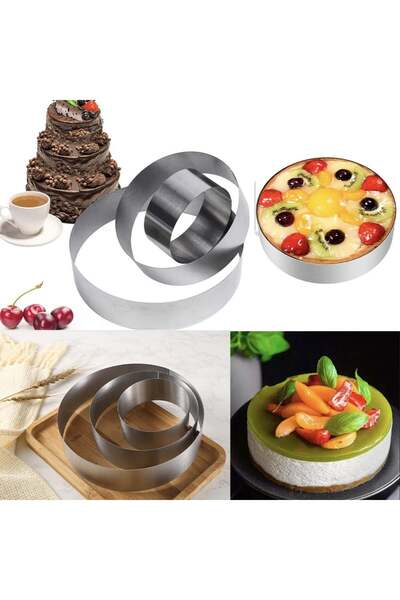 PUFO Set of 3 Cake metal rings for cake tops, cookies, stainless steel, silver